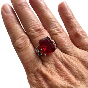 Red Gemstone and Silver Rhinestone Ring